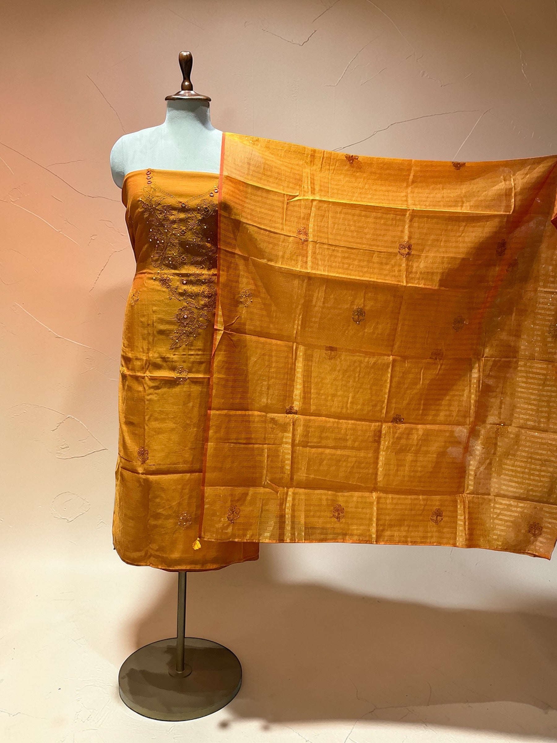 MUL CHANDERI SUIT IN KANTHA WORK WITH MIRROR WORK