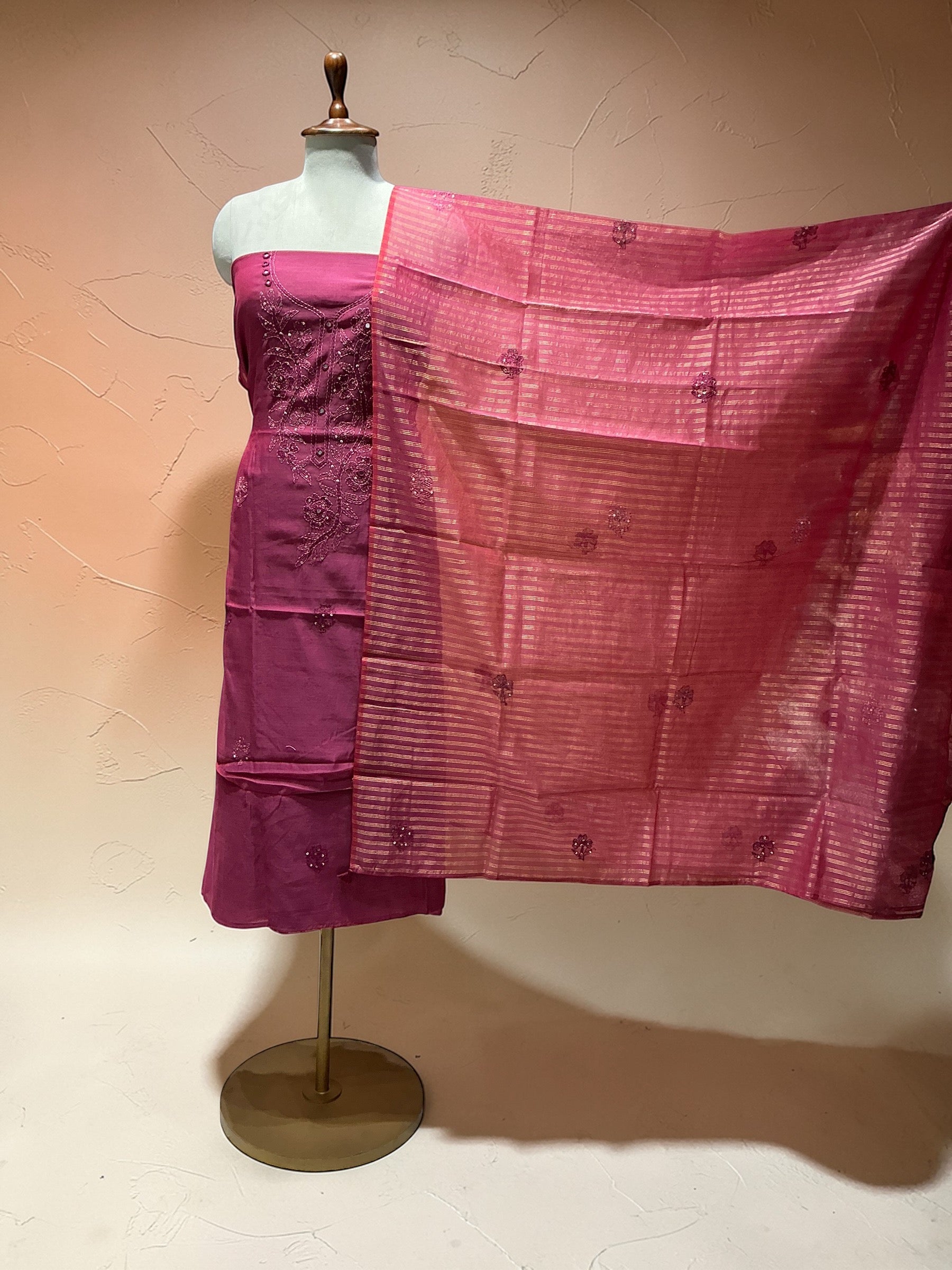 MUL CHANDERI SUIT IN KANTHA WORK WITH MIRROR WORK