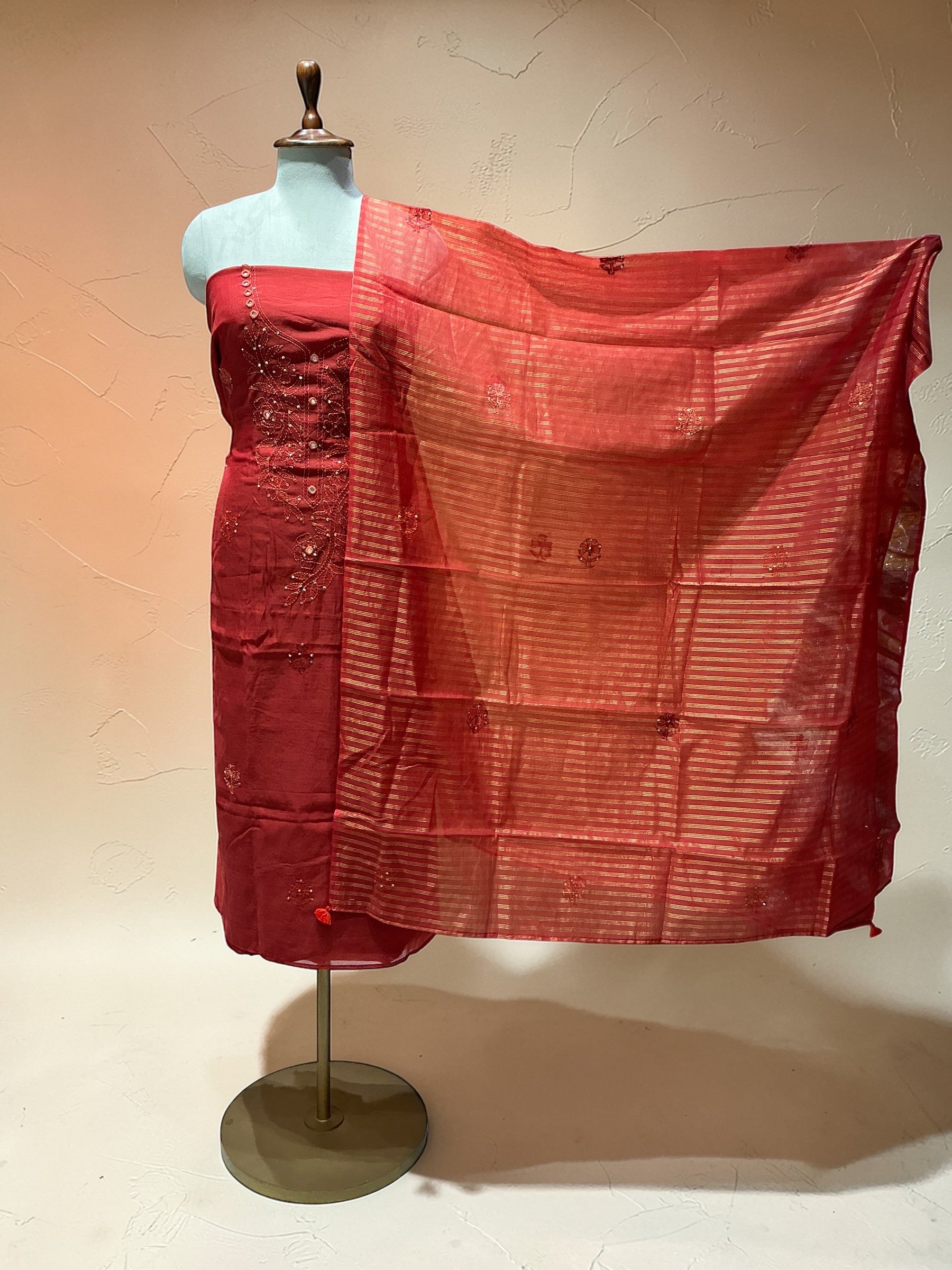 MUL CHANDERI SUIT IN KANTHA WORK WITH MIRROR WORK