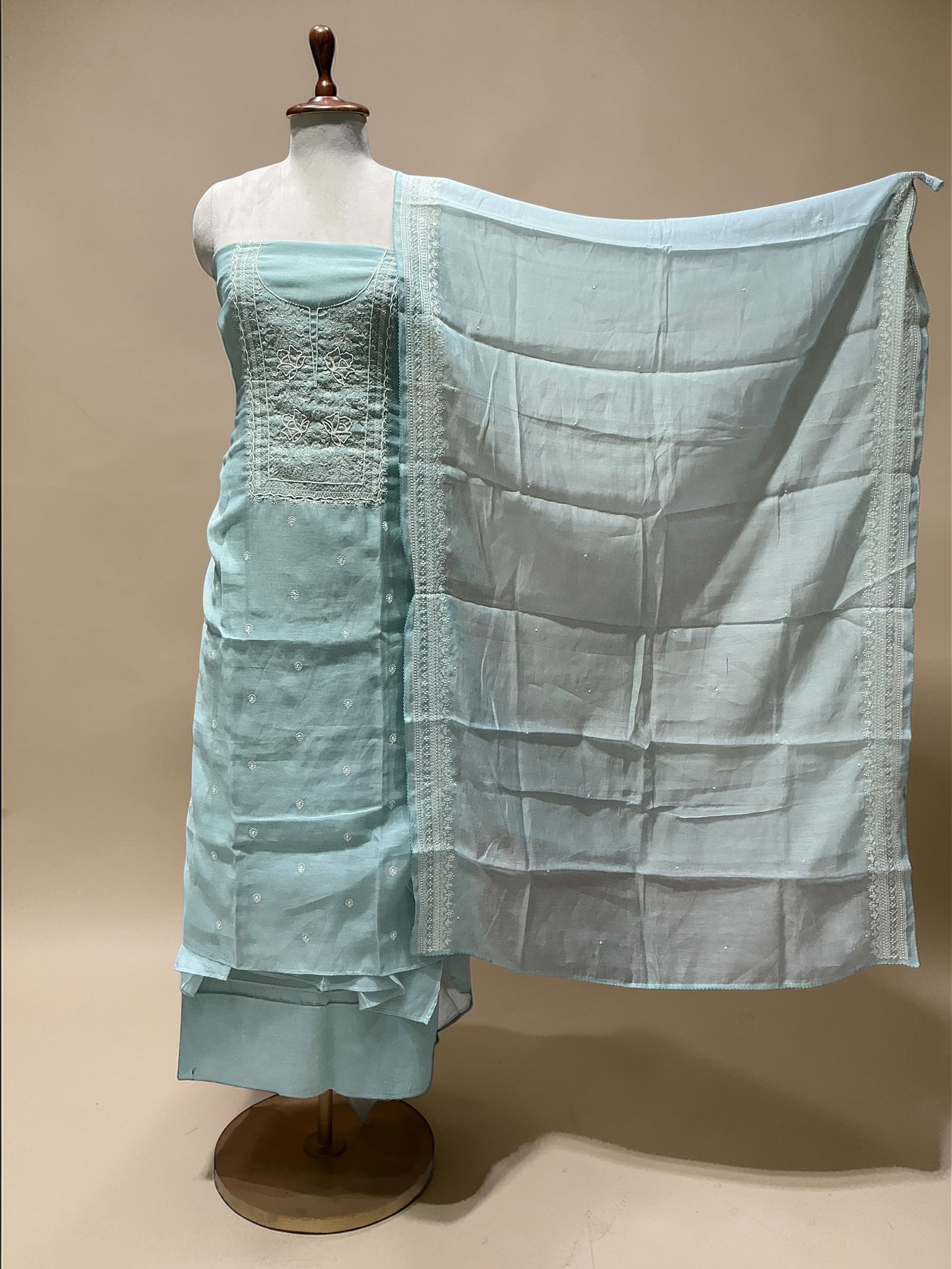 MUL CHANDERI SUIT WITH THREADWORK