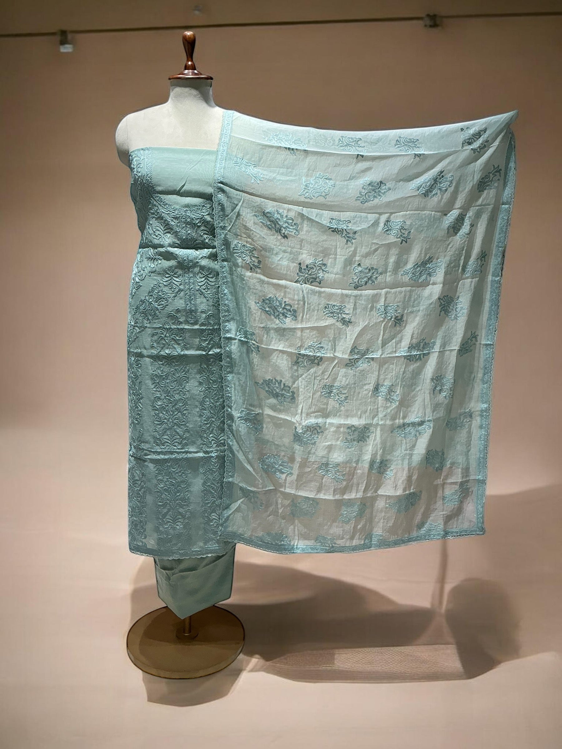 MUL CHANDERI SUIT WITH THREADWORK