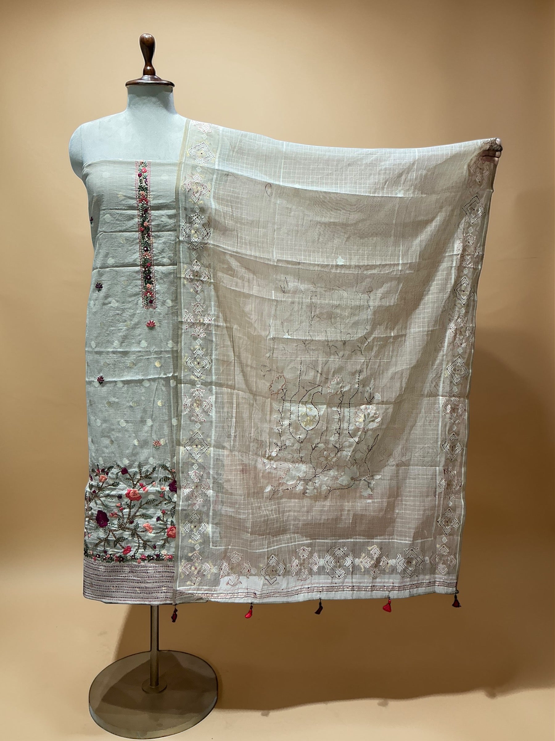SOFT CHANDERI SUIT WITH KANTHA AND KNOT WORK