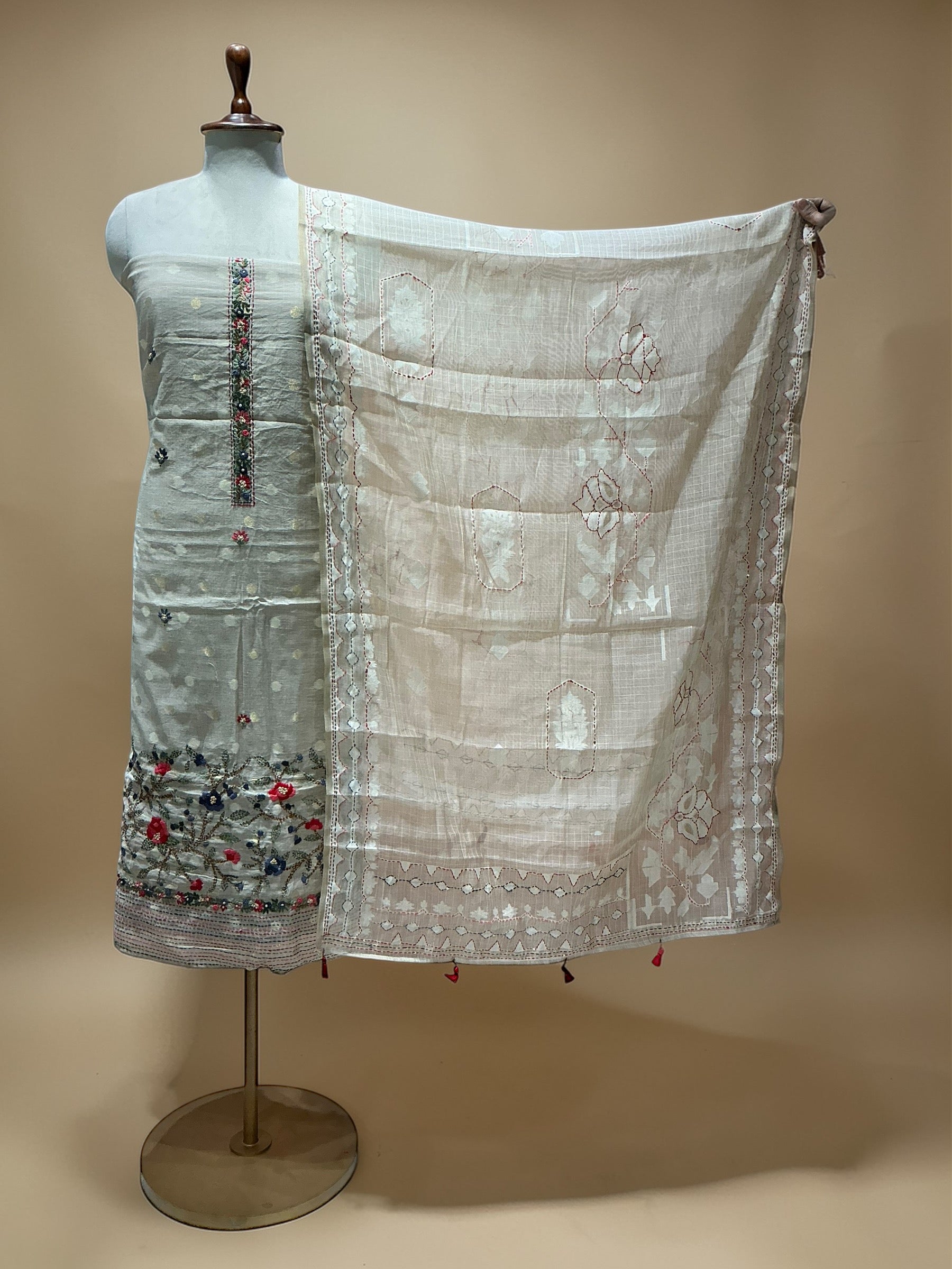 SOFT CHANDERI SUIT WITH KANTHA AND KNOT WORK