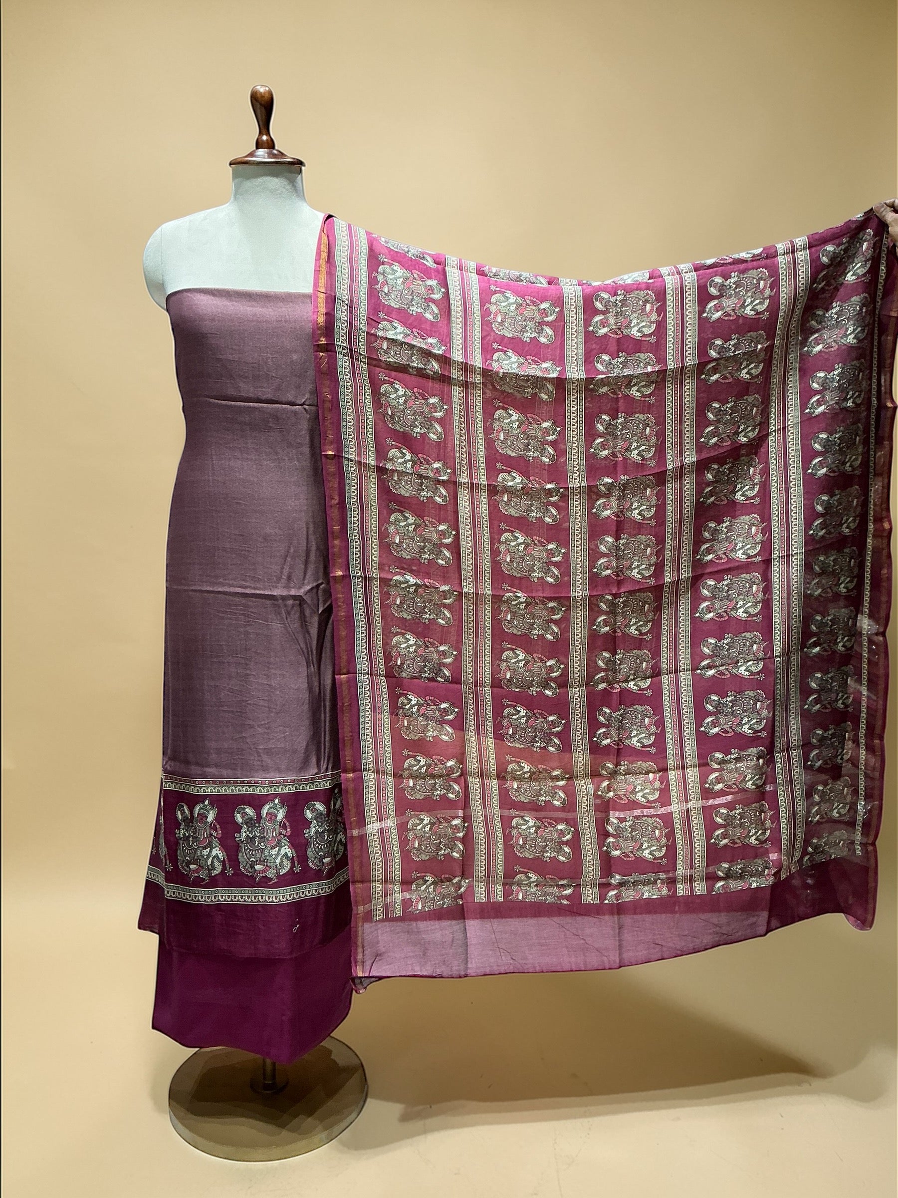 MAHESHWARI SILK SUIT IN MYTHOLOGICAL PRINTS
