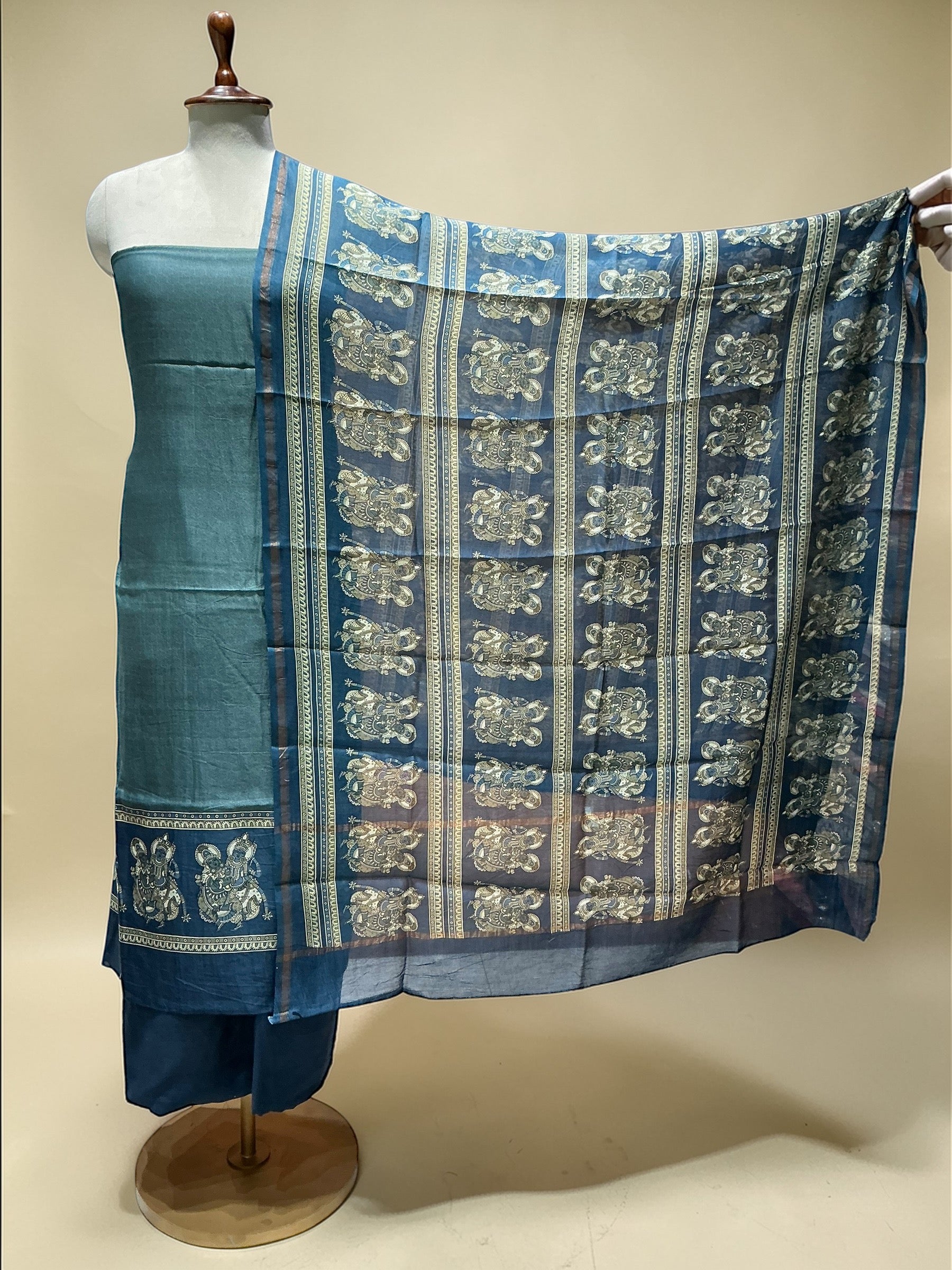 MAHESHWARI SILK SUIT IN MYTHOLOGICAL PRINTS