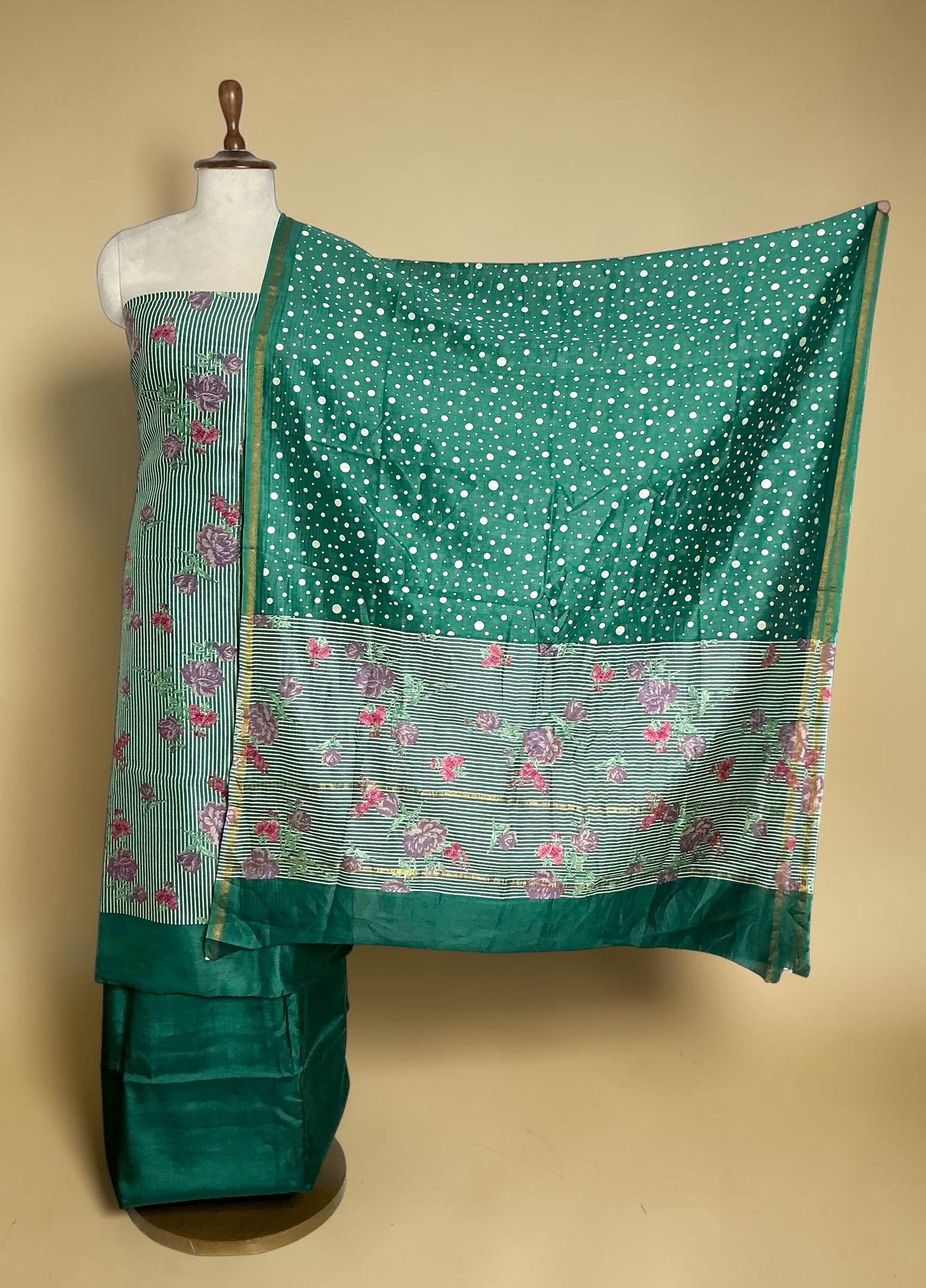 MAHESHWARI SILK UNSTITCHED SUIT (STRIPEE & FLORAL PRINT)