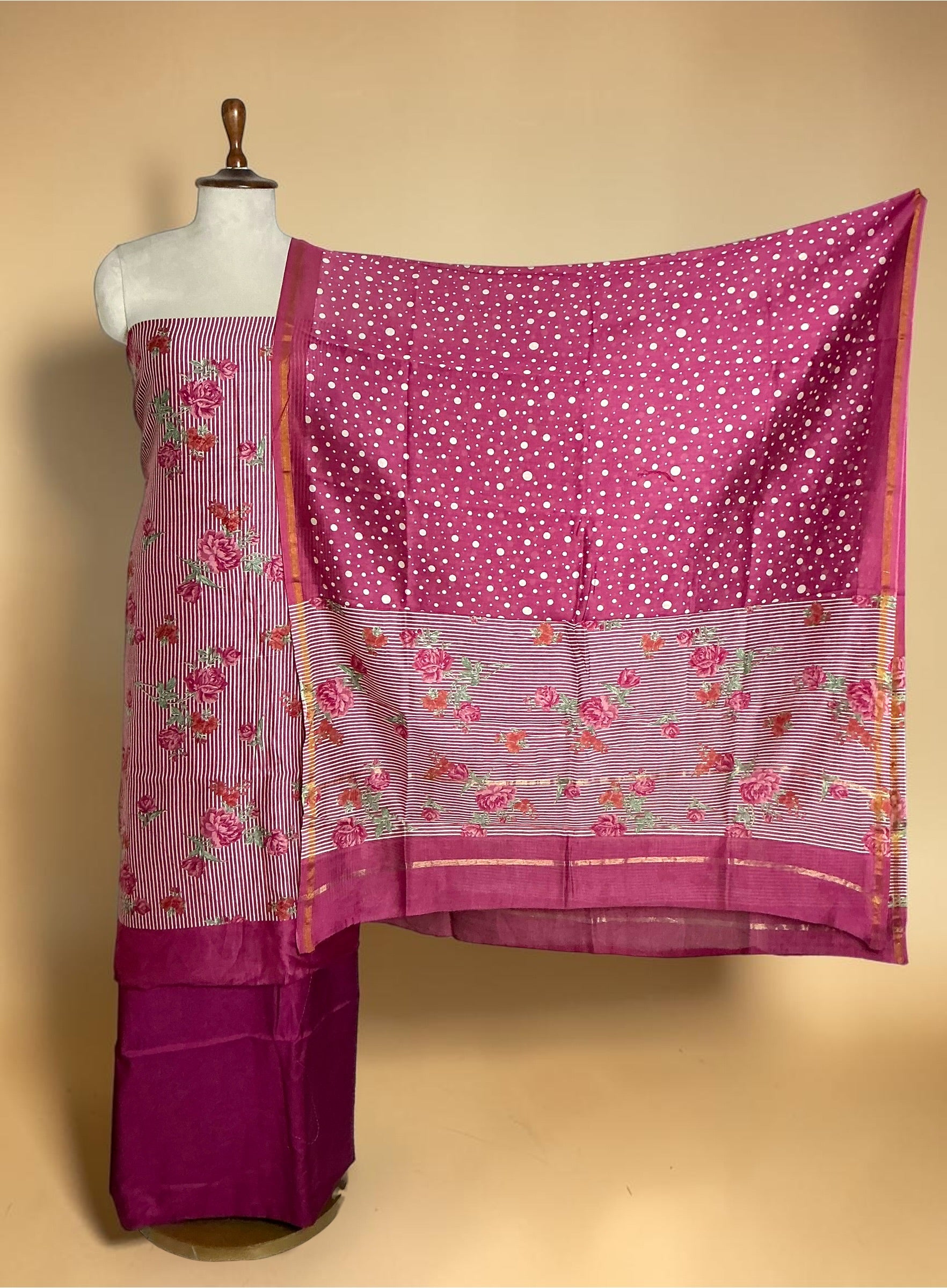 MAHESHWARI SILK UNSTITCHED SUIT (STRIPEE & FLORAL PRINT)