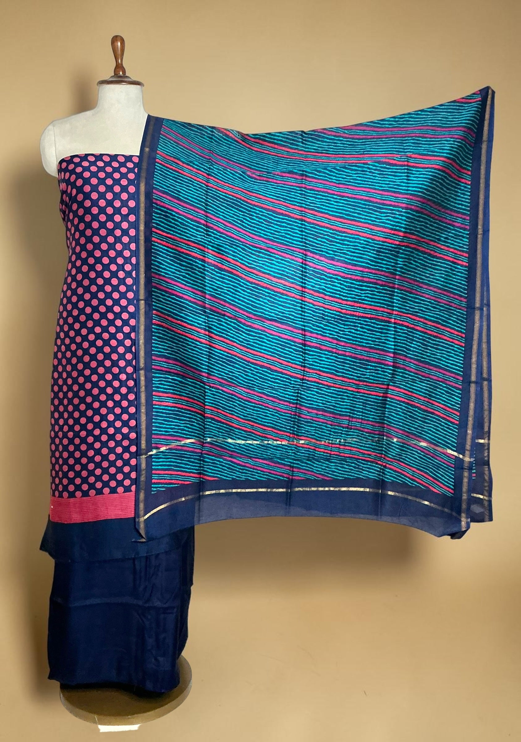 MAHESHWARI SILK UNSTITCHED SUIT (POLKA DOTS SUITS WITH LEHRIYA DUPATTA)