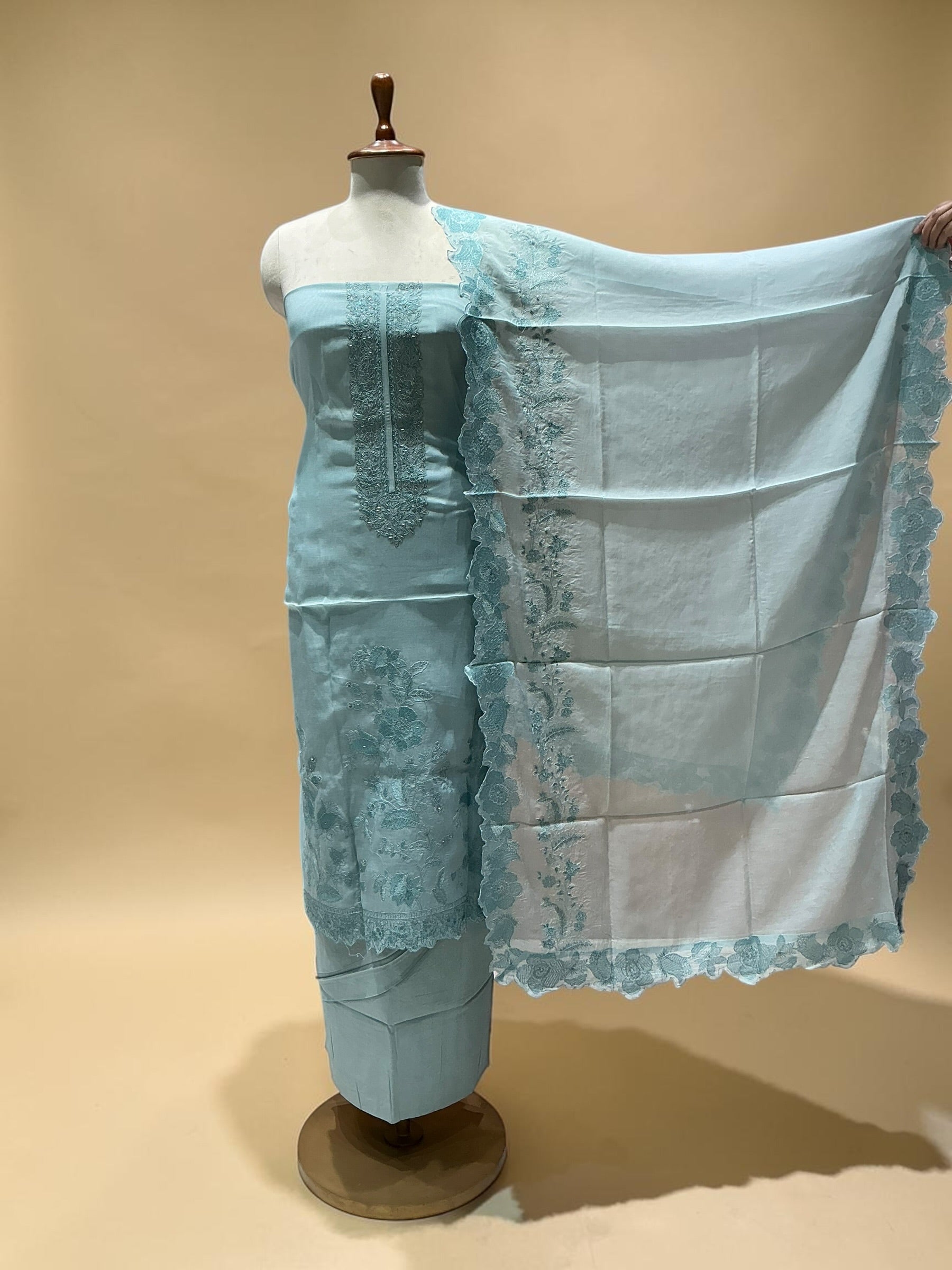MUL CHANDERI SUIT WITH TONE-TO-TONE EMBROIDERY
