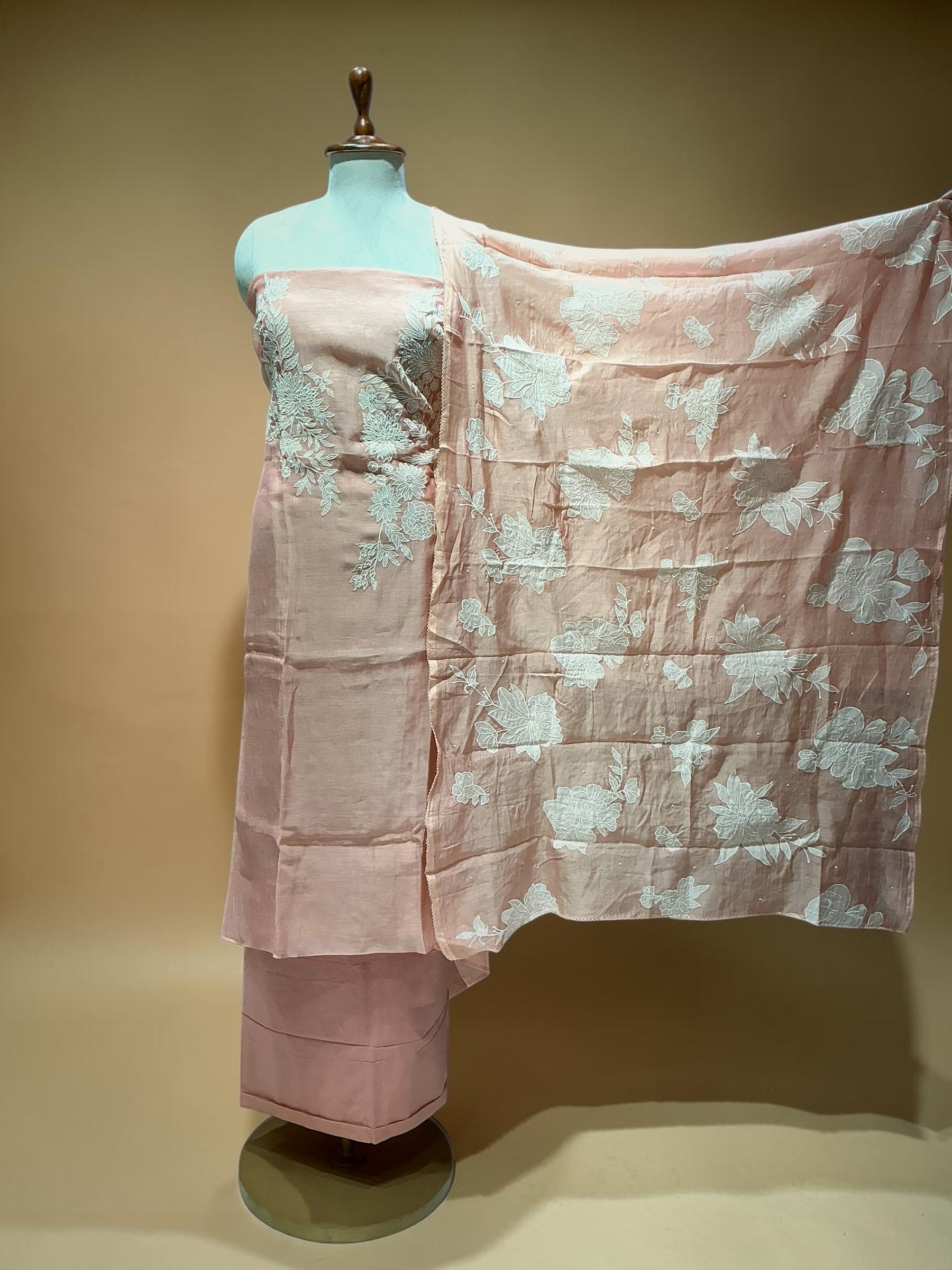 MUL CHANDERI SUIT WITH APPLIQUE WORK