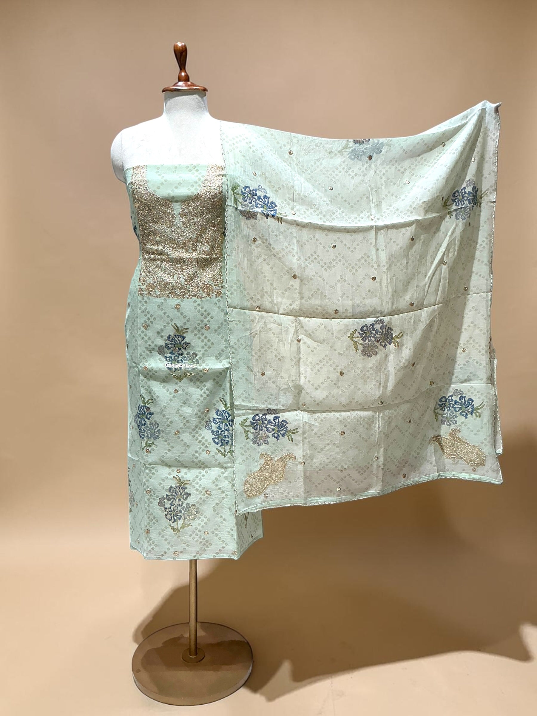 MUL CHANDERI SUIT WITH TILLA WORK