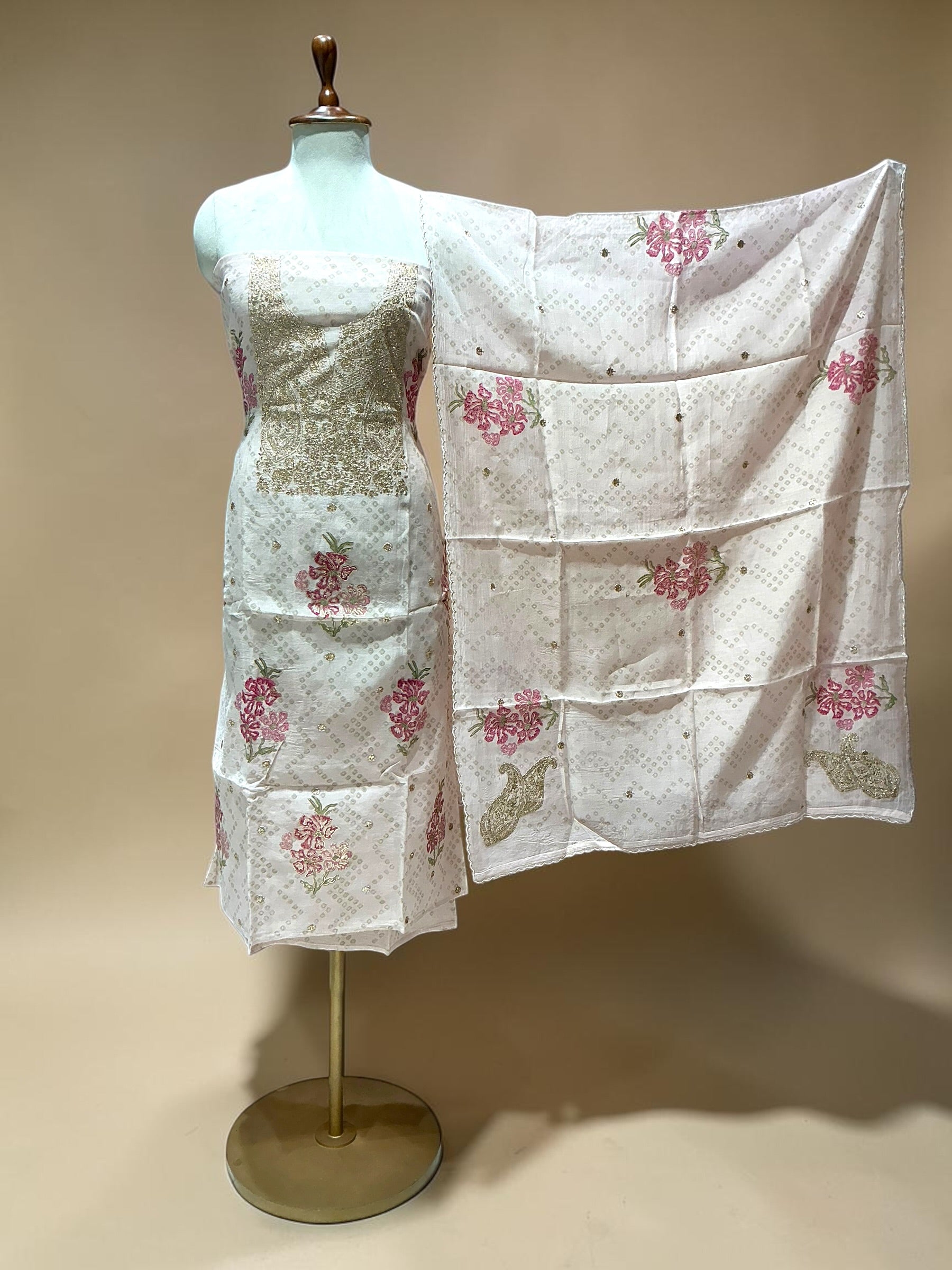 MUL CHANDERI SUIT WITH TILLA WORK