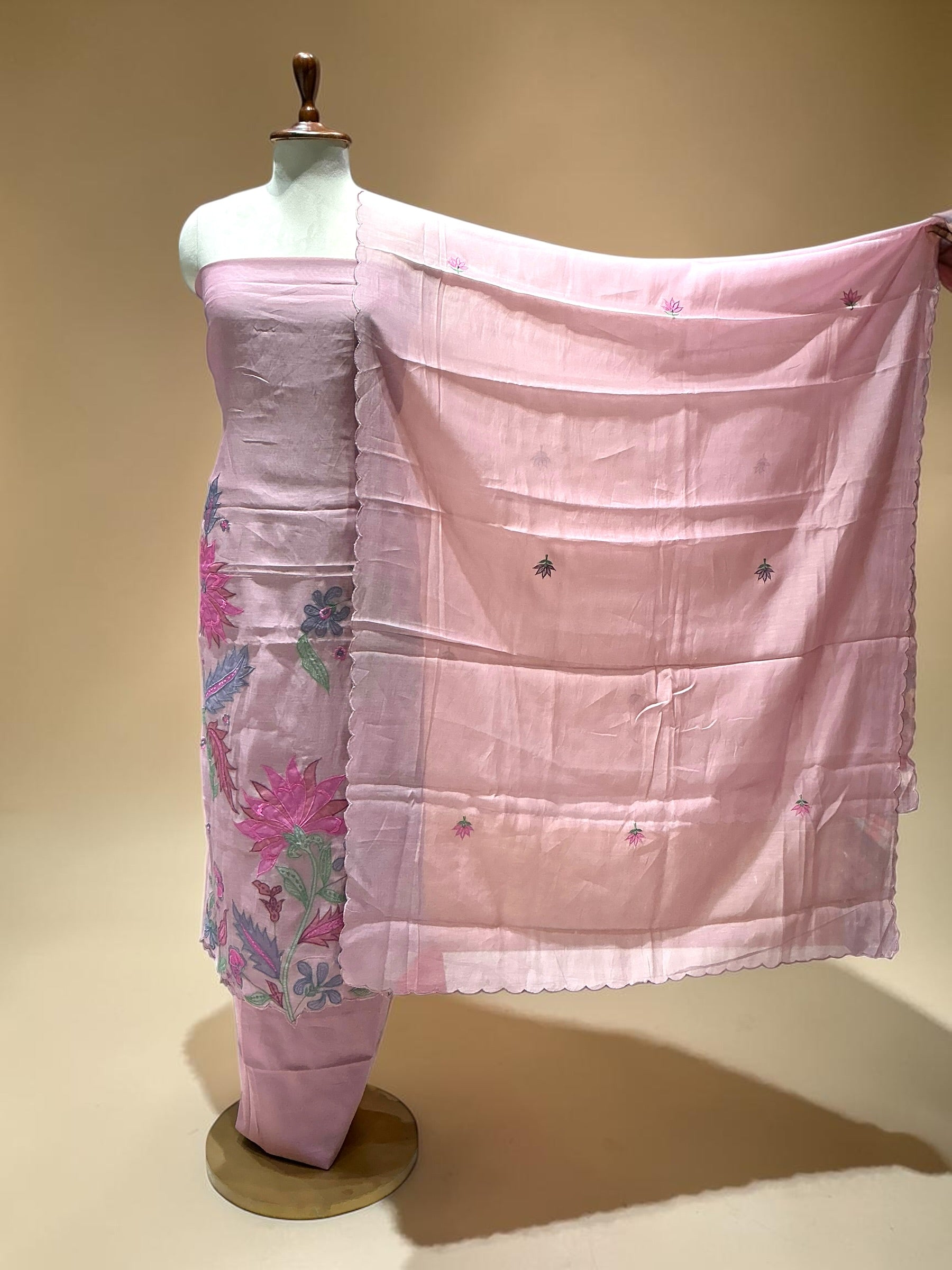 MUL CHANDERI SUIT WITH THREADWORK