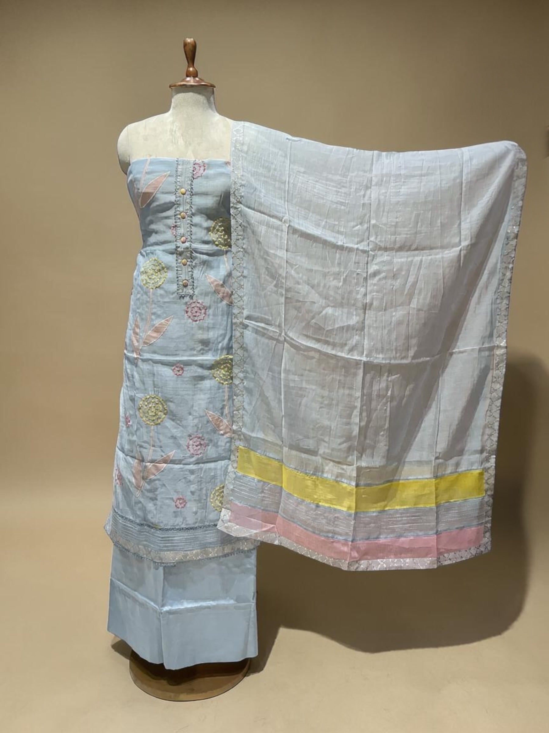 MUL CHANDERI SUIT IN APPLIQUE WORK