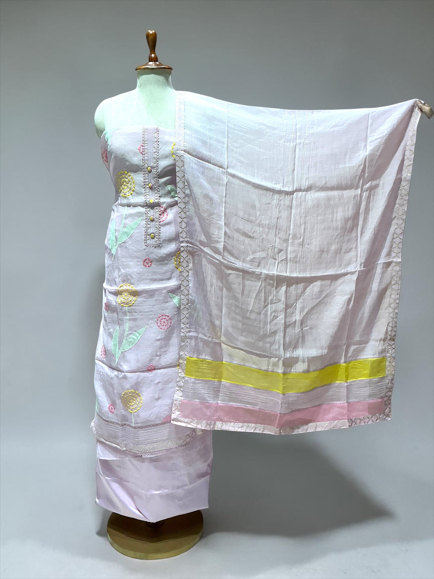 MUL CHANDERI SUIT IN APPLIQUE WORK