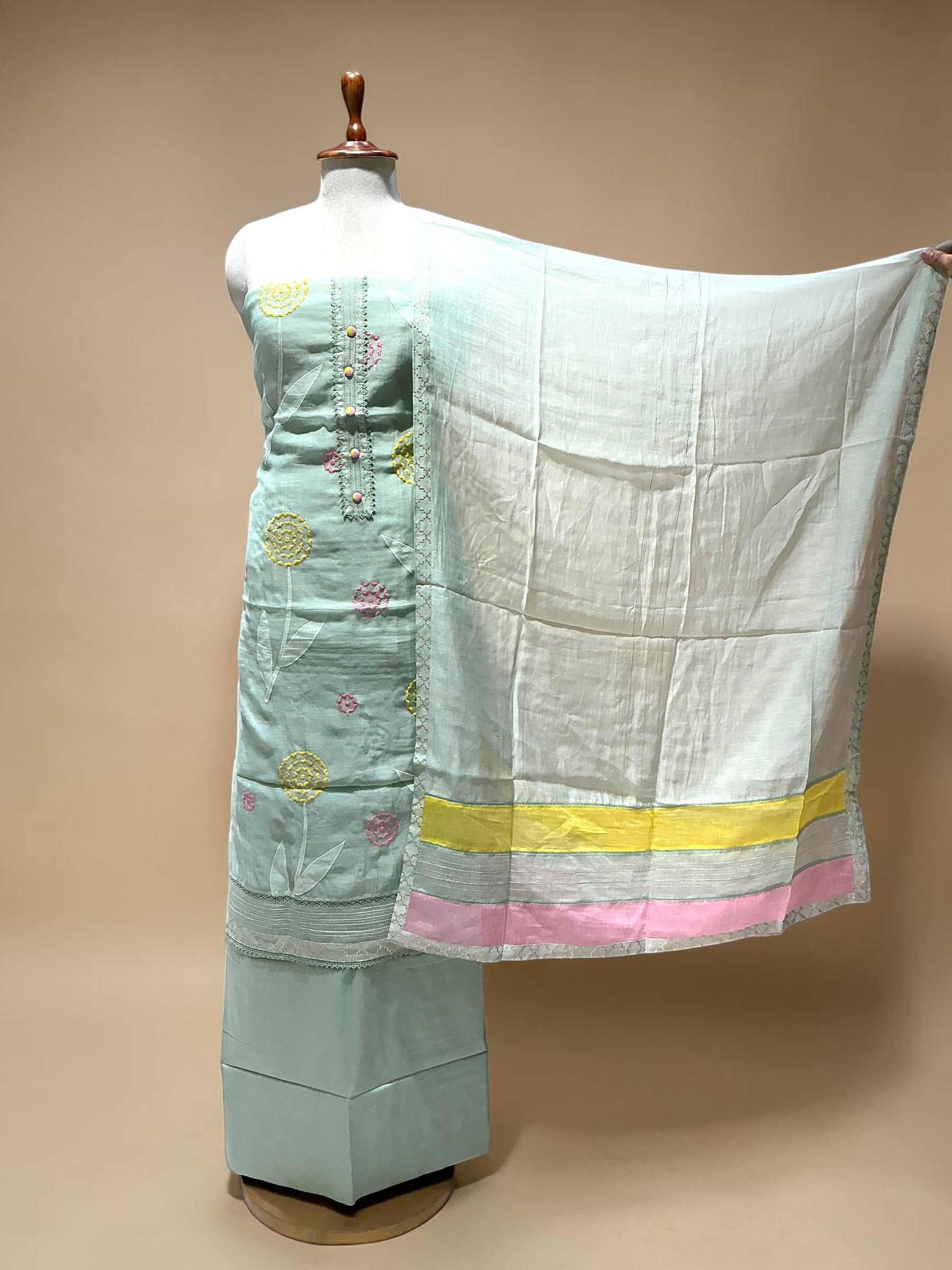 MUL CHANDERI SUIT IN APPLIQUE WORK