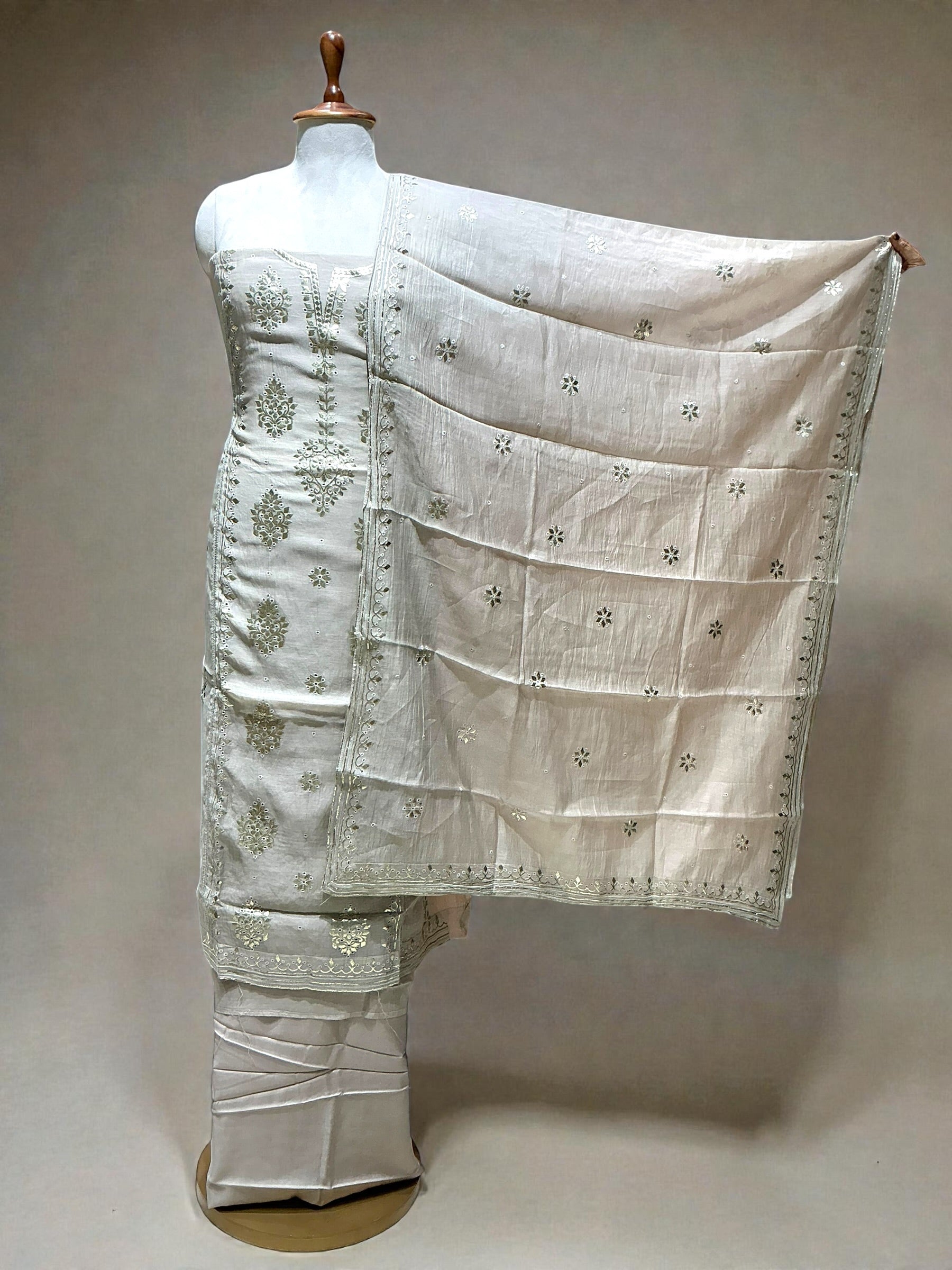 MUL CHANDERI SUIT WITH THREADWORK