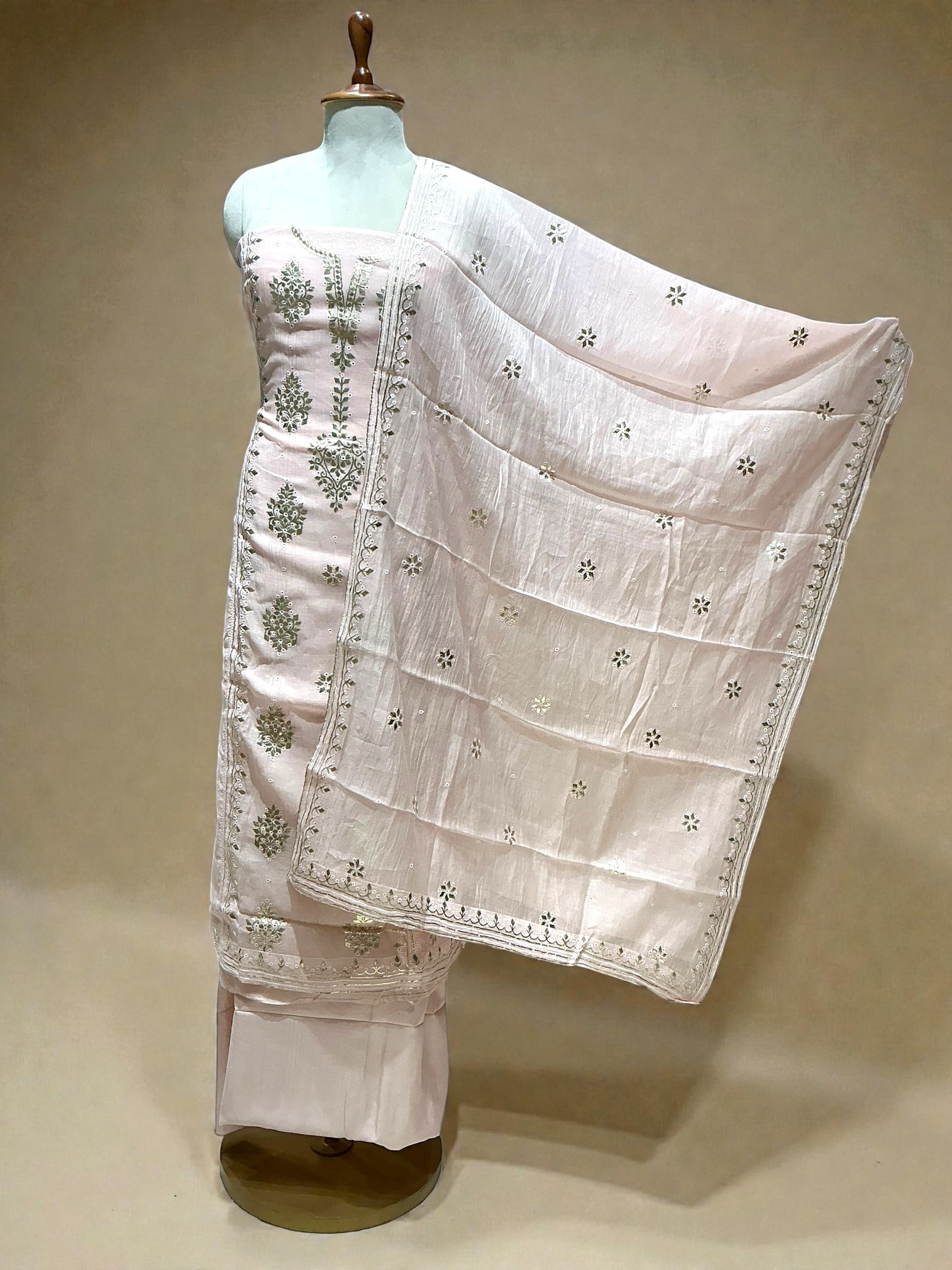 MUL CHANDERI SUIT WITH THREADWORK