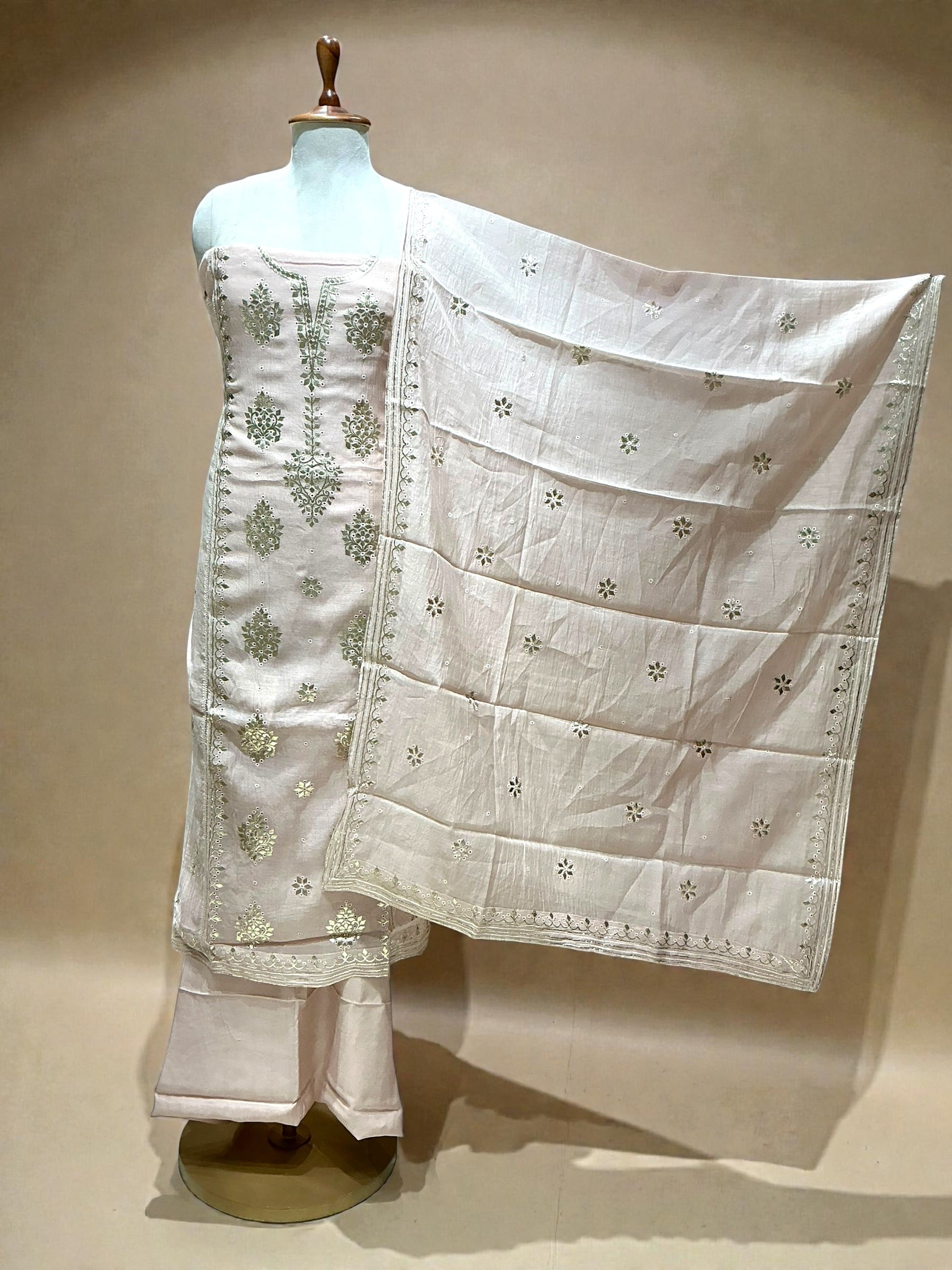 MUL CHANDERI SUIT WITH THREADWORK