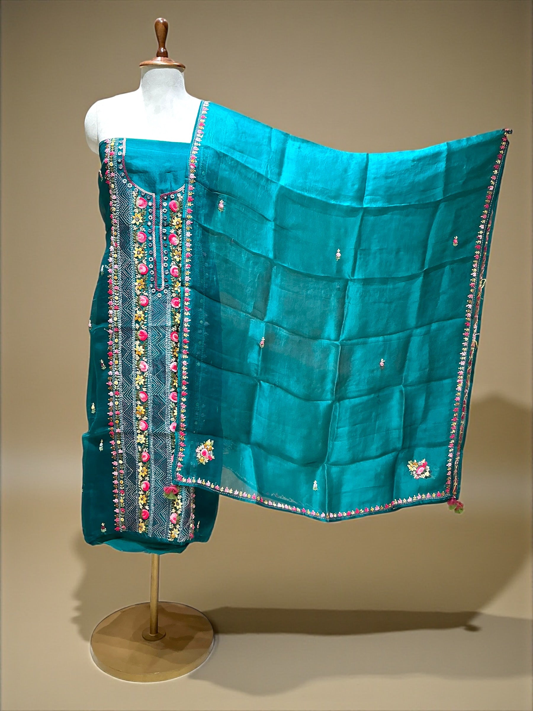 PURE KORA SILK SUIT WITH KANTHA WORK