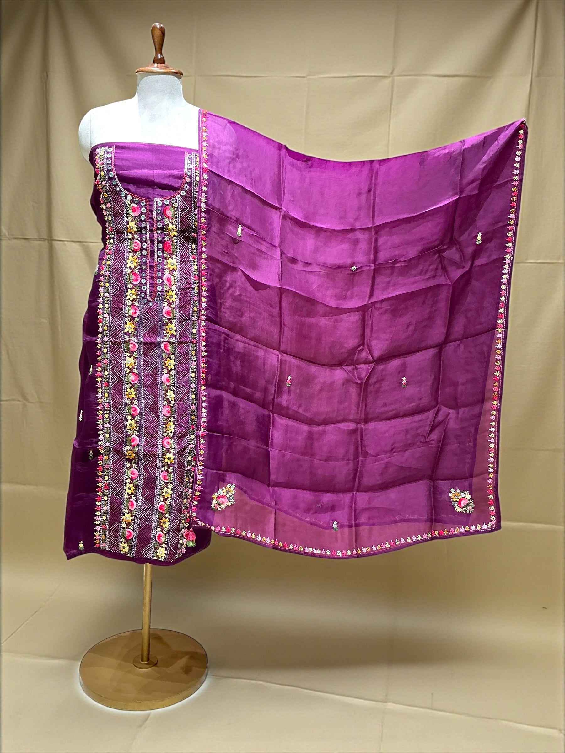 PURE KORA SILK SUIT WITH KANTHA WORK