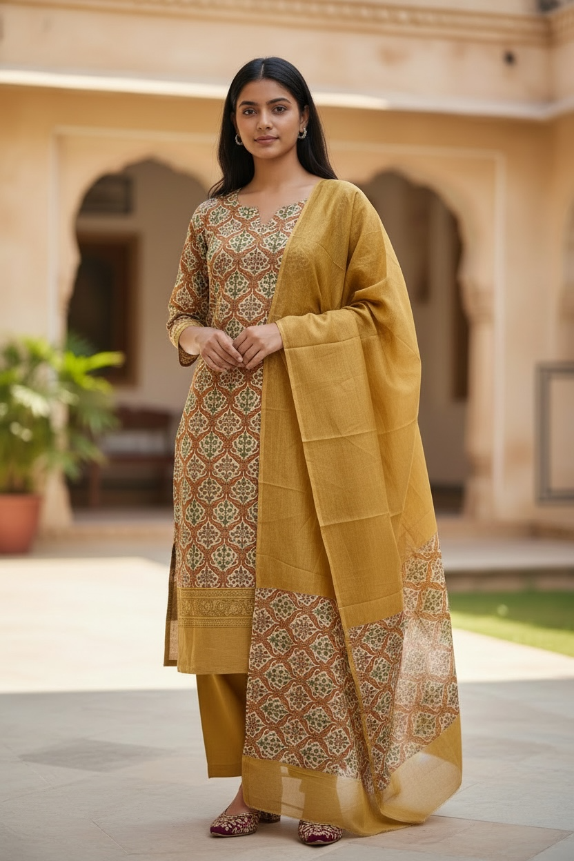 maheshwari silk suit with traditional printing