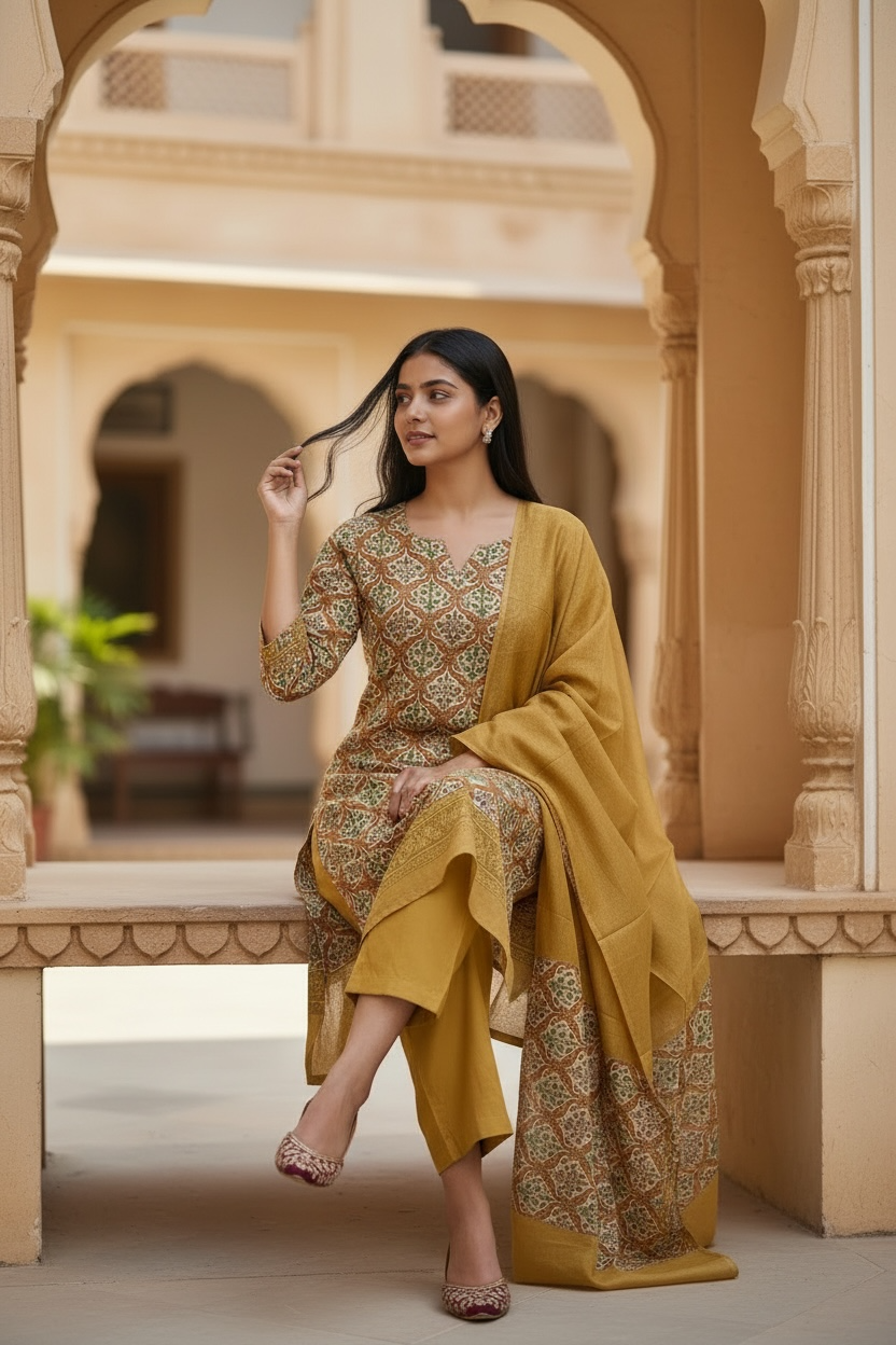maheshwari silk suit with traditional printing