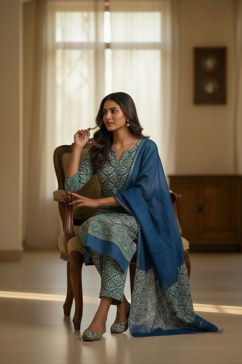 maheshwari silk suit with traditional printing