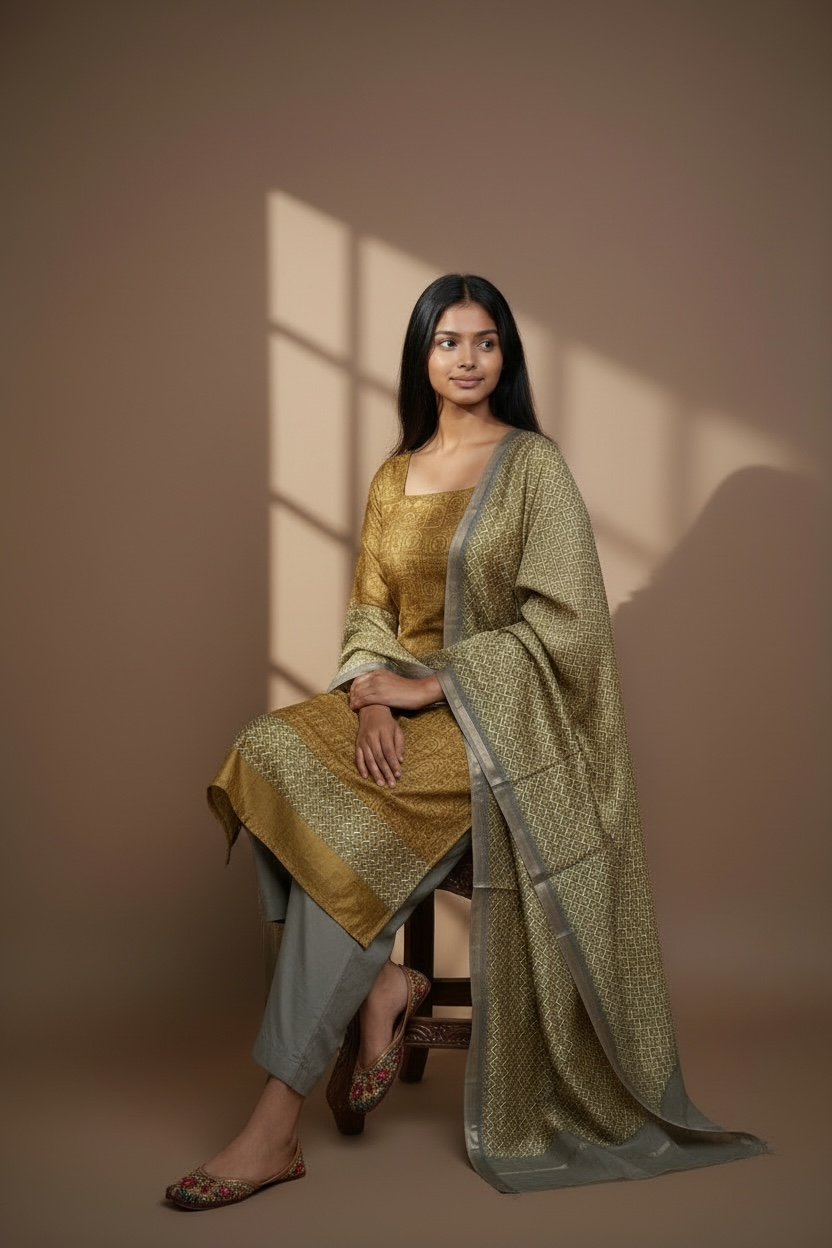 maheshwari silk suit with worli print