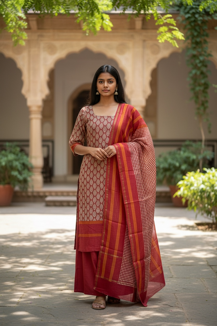 MAHESHWARI SILK SUIT WITH BEAUTIFUL AMBIS
