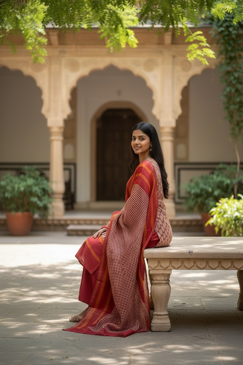 MAHESHWARI SILK SUIT WITH BEAUTIFUL AMBIS
