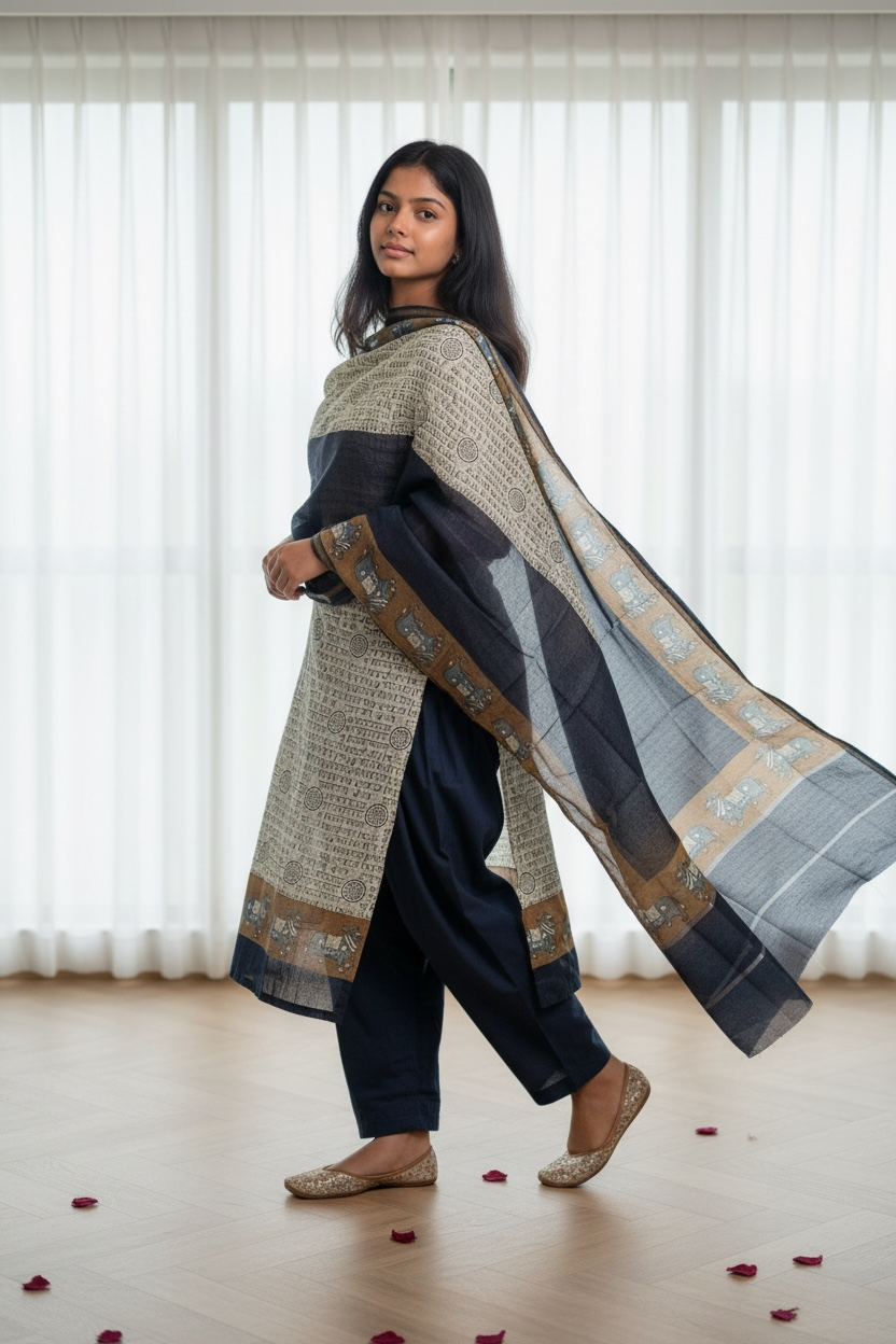 Maheshwari Silk Suit with Pichwai Art & Sanskrit Script Elegance