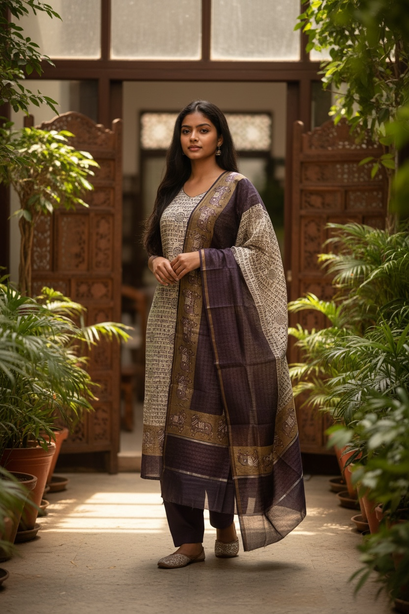 Maheshwari Silk Suit with Pichwai Art & Sanskrit Script Elegance
