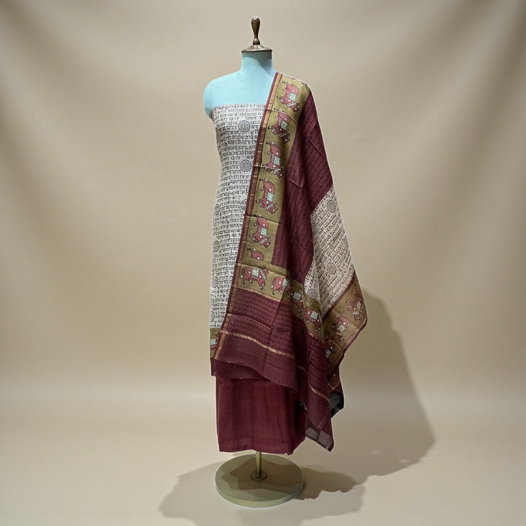 Maheshwari Silk Suit with Pichwai Art & Sanskrit Script Elegance