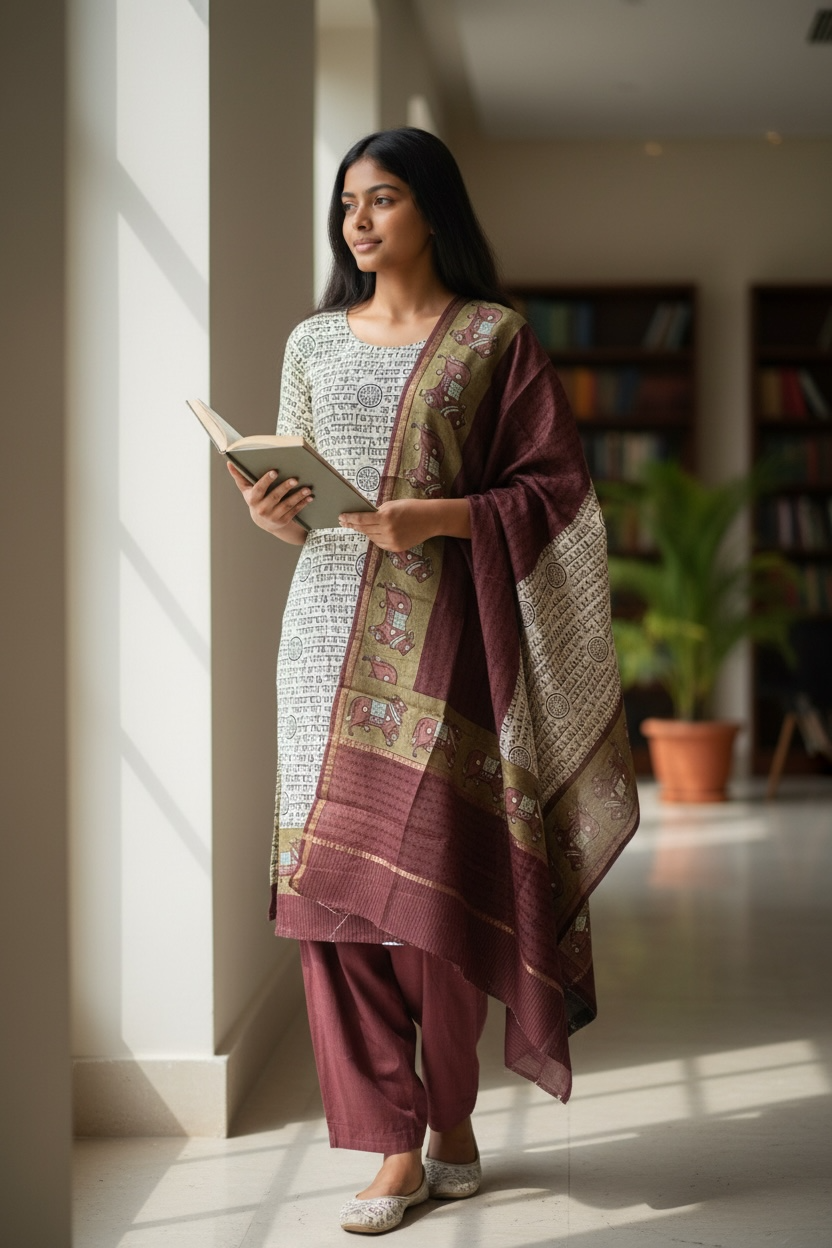 Maheshwari Silk Suit with Pichwai Art & Sanskrit Script Elegance
