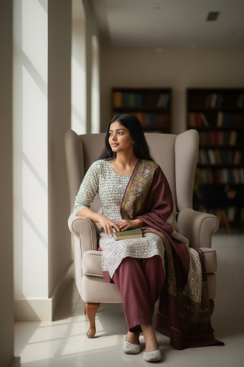 Maheshwari Silk Suit with Pichwai Art & Sanskrit Script Elegance