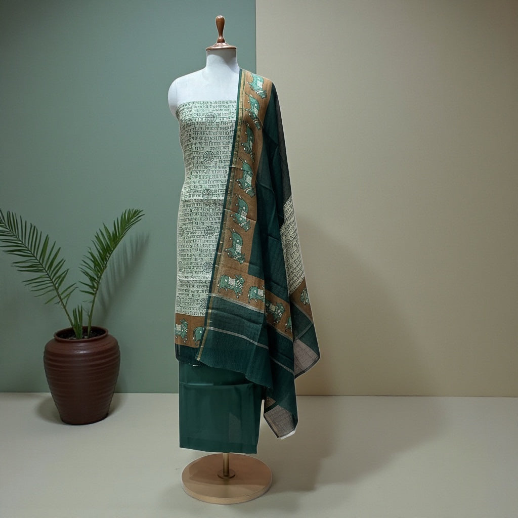 Maheshwari Silk Suit with Pichwai Art & Sanskrit Script Elegance