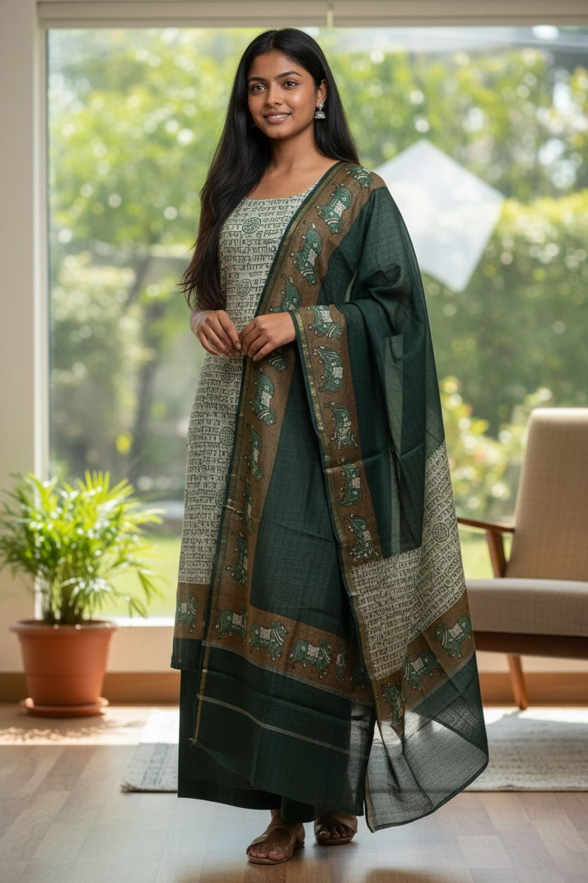 Maheshwari Silk Suit with Pichwai Art & Sanskrit Script Elegance