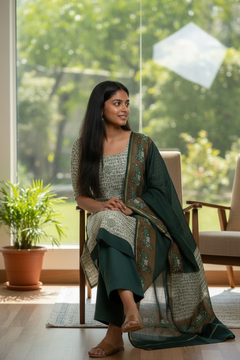 Maheshwari Silk Suit with Pichwai Art & Sanskrit Script Elegance