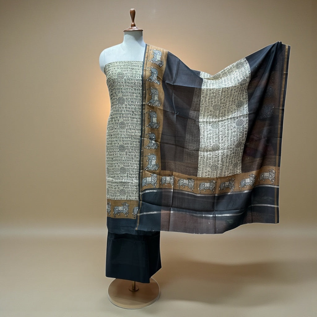 Maheshwari Silk Suit with Pichwai Art & Sanskrit Script Elegance