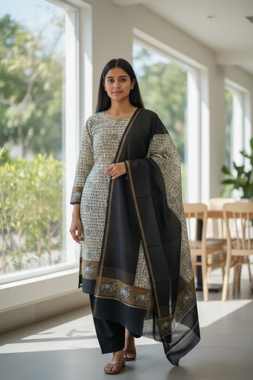 Maheshwari Silk Suit with Pichwai Art & Sanskrit Script Elegance