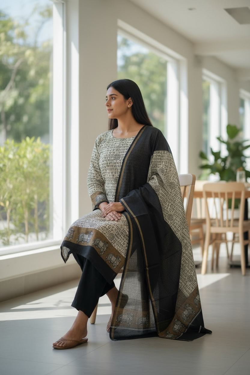 Maheshwari Silk Suit with Pichwai Art & Sanskrit Script Elegance