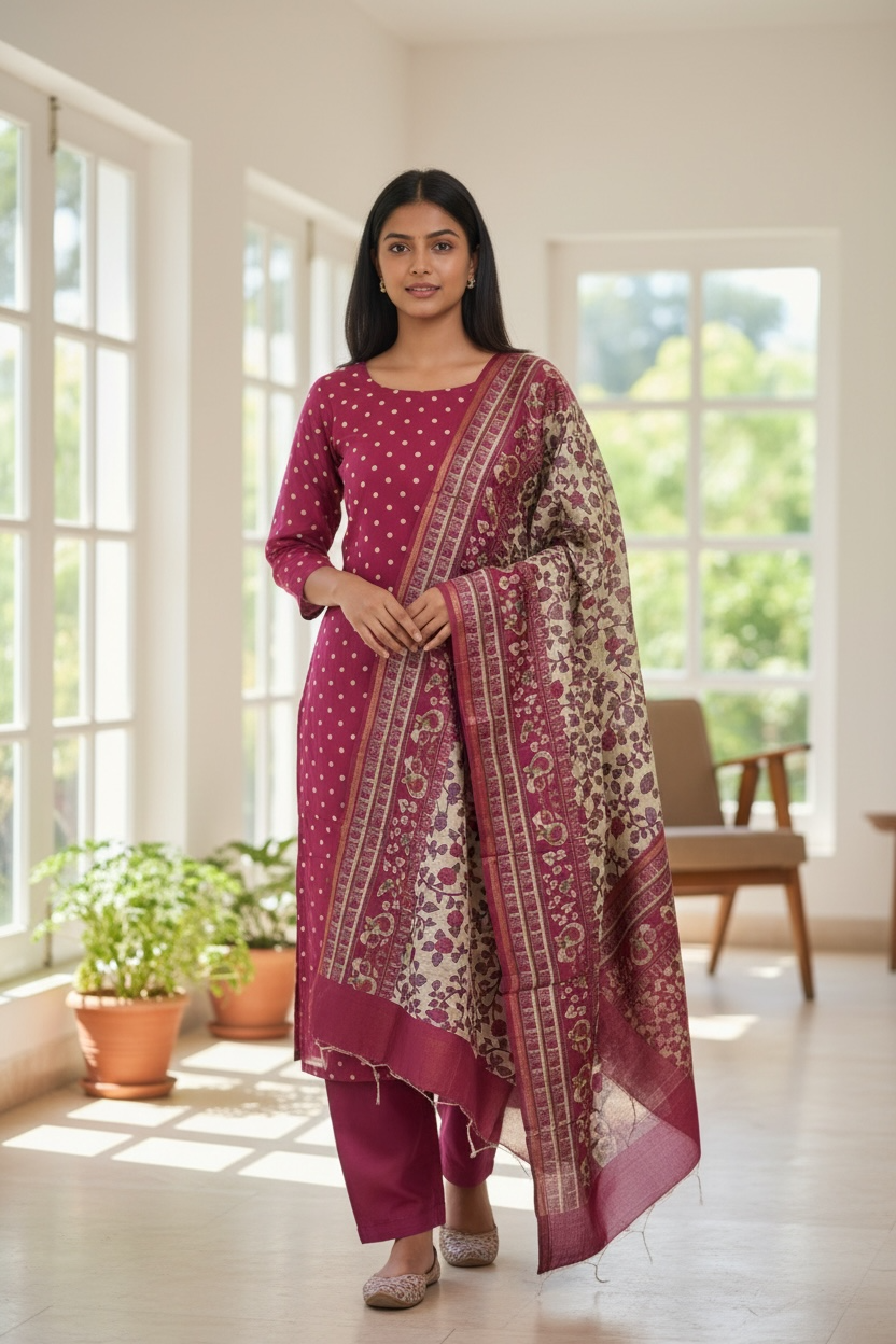MAHESHWARI SILK SUIT WITH POLKA DOTS