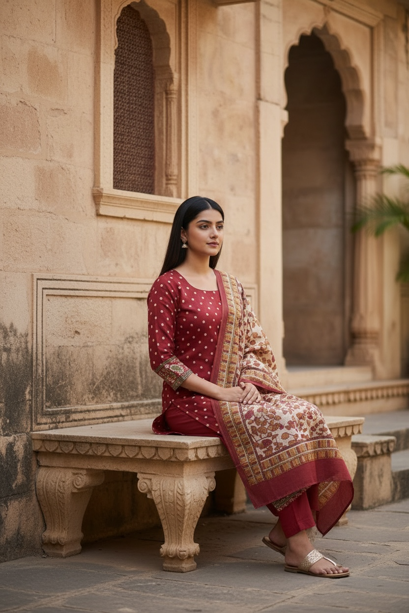 MAHESHWARI SILK SUIT WITH POLKA DOTS