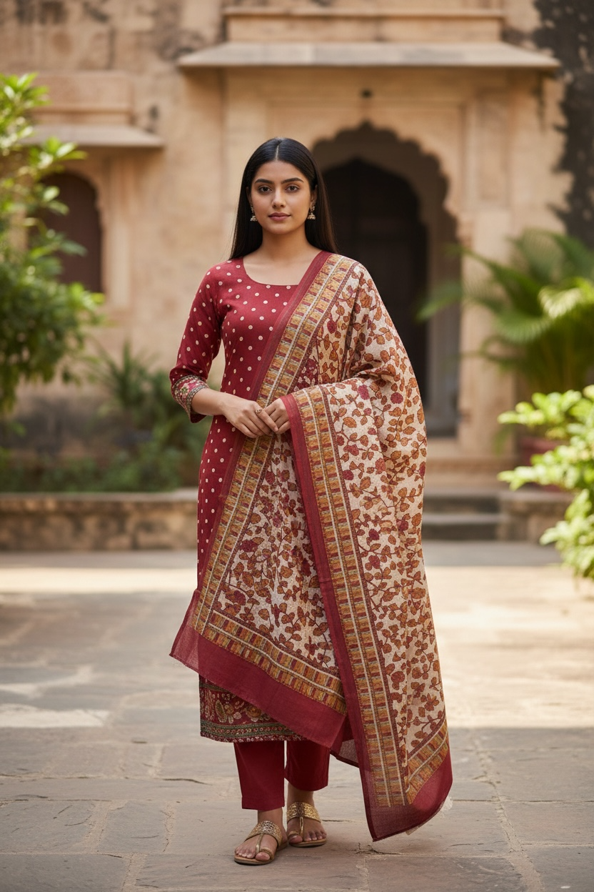MAHESHWARI SILK SUIT WITH POLKA DOTS