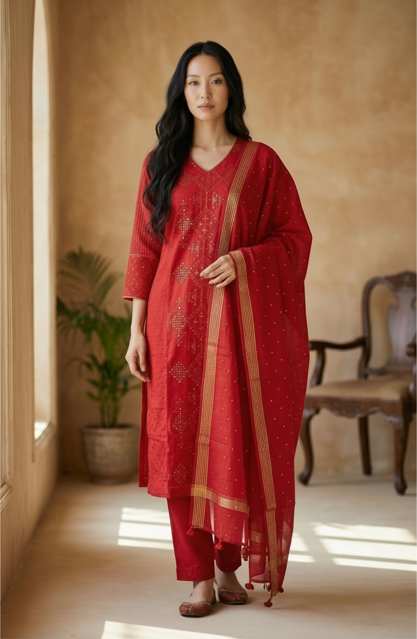 PURE MUL CHANDERI KURTI SET