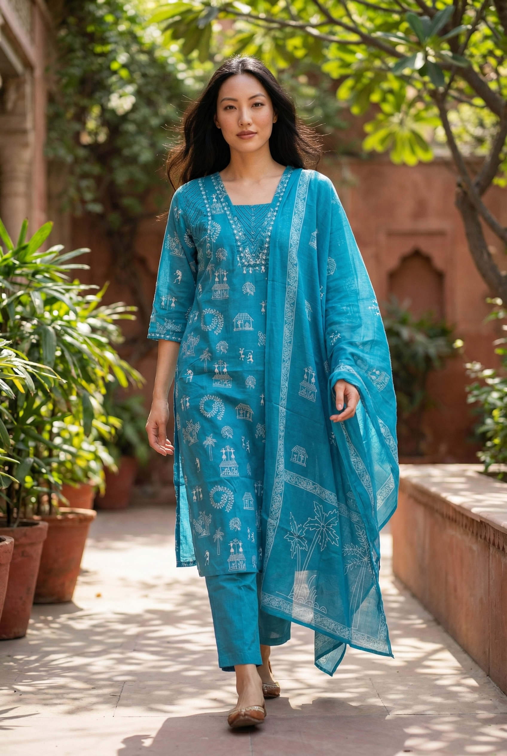 PURE COTTON KURTI SET IN WARLI  ART  PRINTING