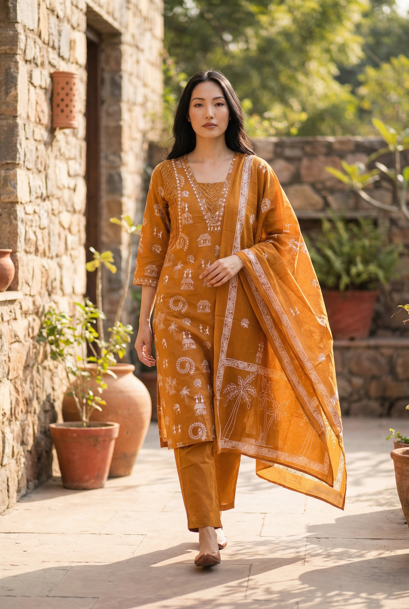 PURE COTTON KURTI SET IN WARLI  ART  PRINTING