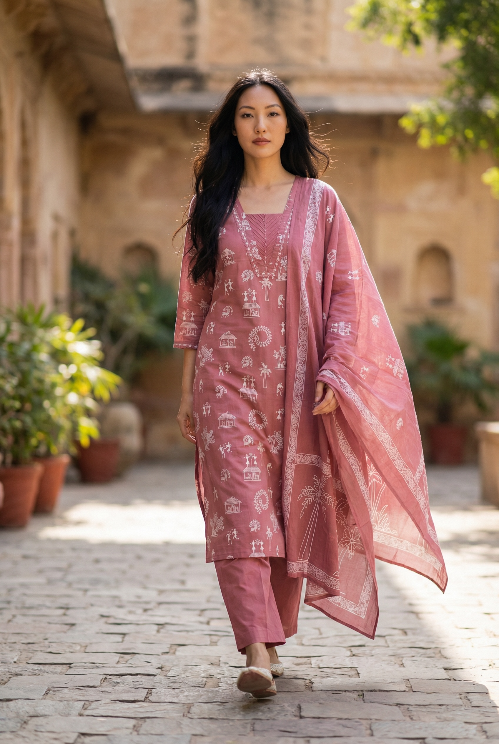 PURE COTTON KURTI SET IN WARLI  ART  PRINTING
