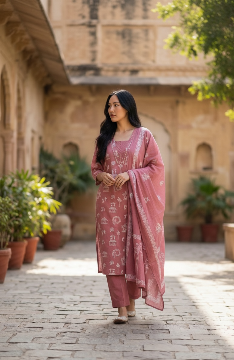 PURE COTTON KURTI SET IN WARLI  ART  PRINTING